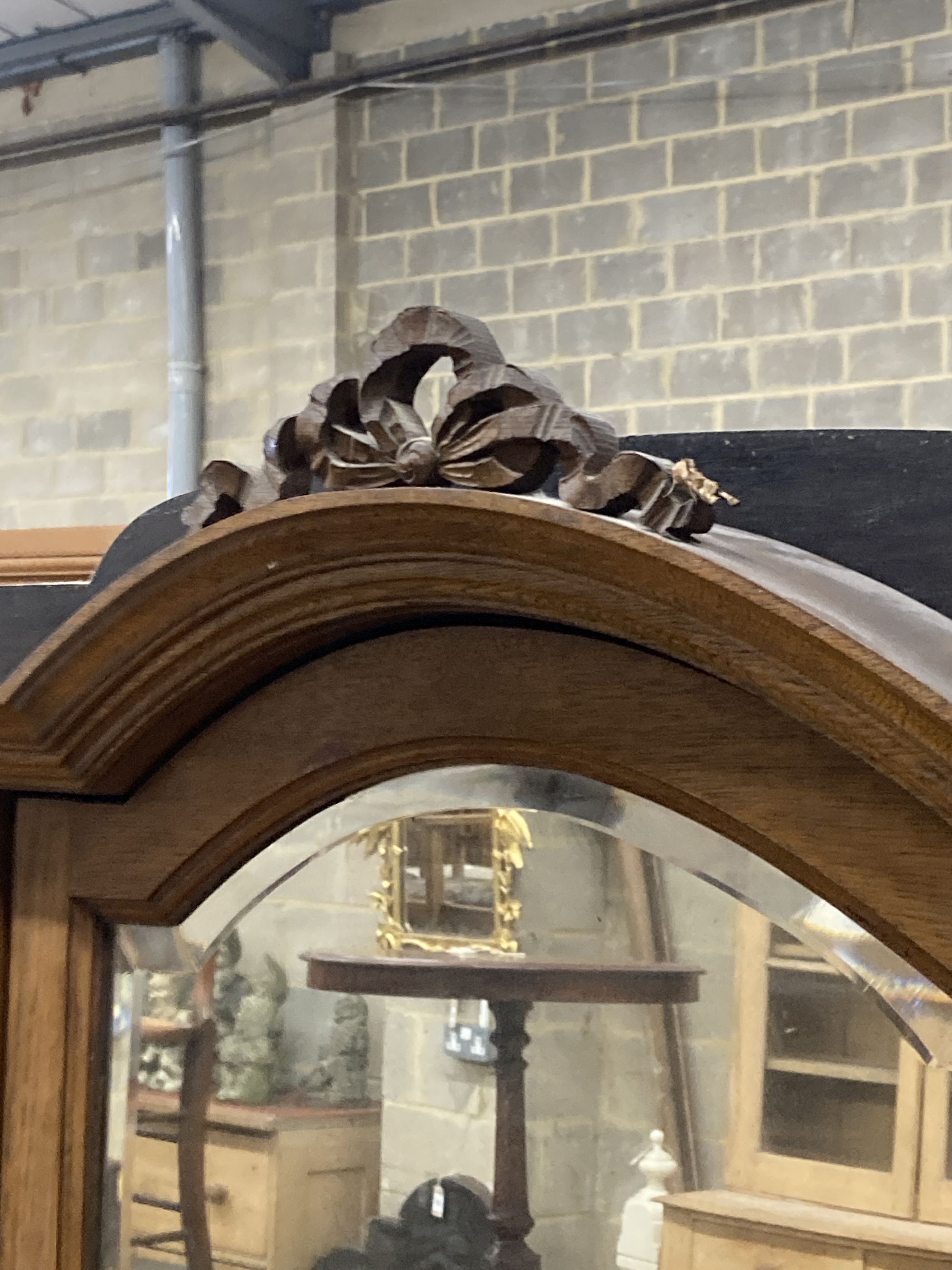 An early 20th century French marble topped mirror back dressing table, length 127cm, depth 55cm, height 182cm